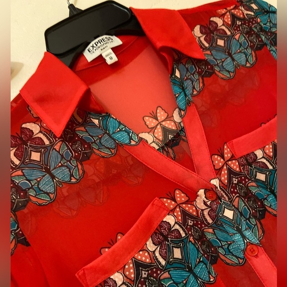 Express~The Portofino Shirt~Semi-Sheer-Slim-Fit~Butterfly Print~Blouse~Size XS - Picture 7 of 14